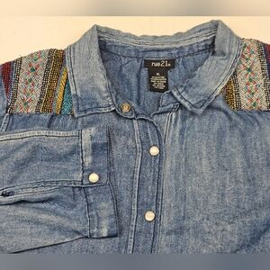 Rue21 Blue Denim Shirt with Multicolor Embroidered‎ Accents